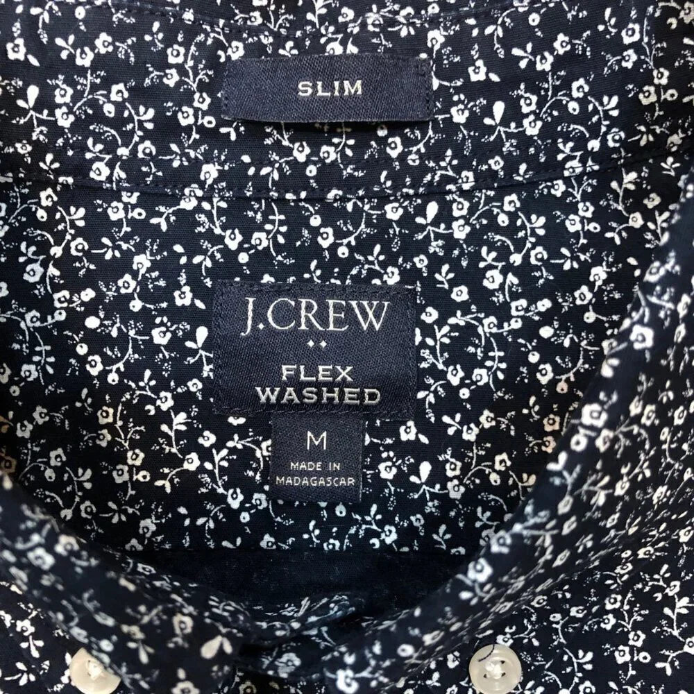 J Crew Slim Flex Washed Navy & White Floral Button Down Shirt Size M